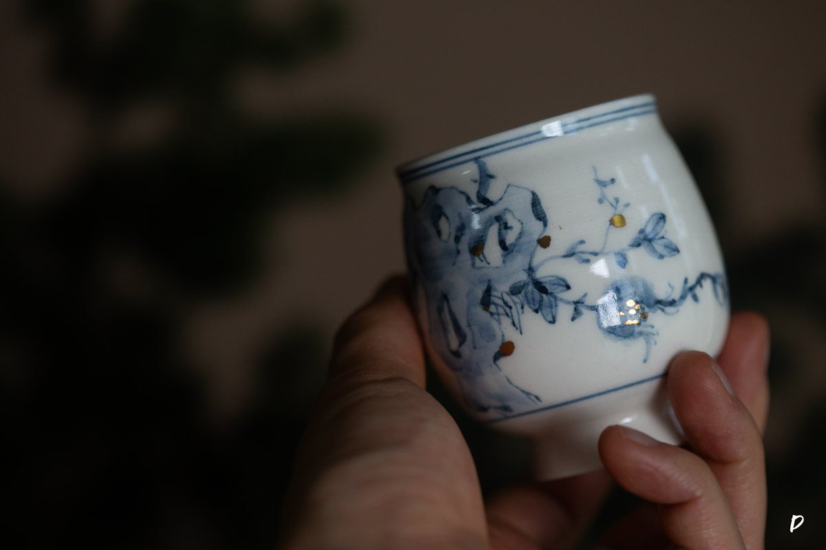gilded qinghua teacup pomegranate 5 25 10 | BITTERLEAF TEAS