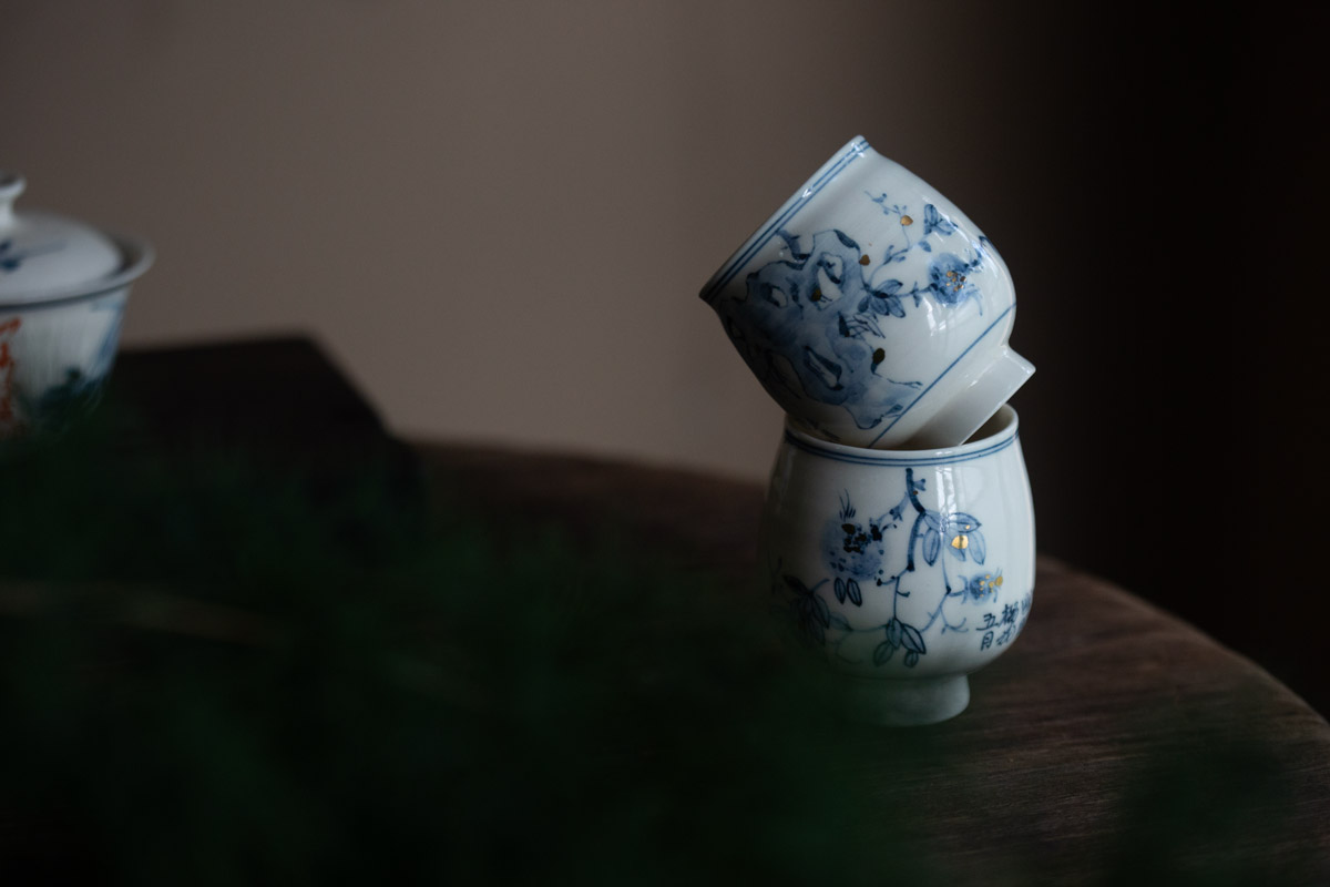 gilded qinghua teacup pomegranate 5 25 7 | BITTERLEAF TEAS