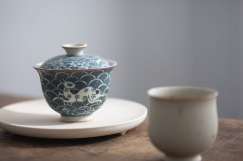 Muted Qinghua Gaiwan - Deer & Wave