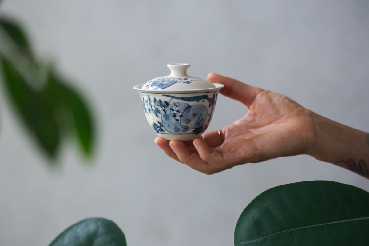 gilded qinghua gaiwan open pomegranate 5 25 1 | BITTERLEAF TEAS