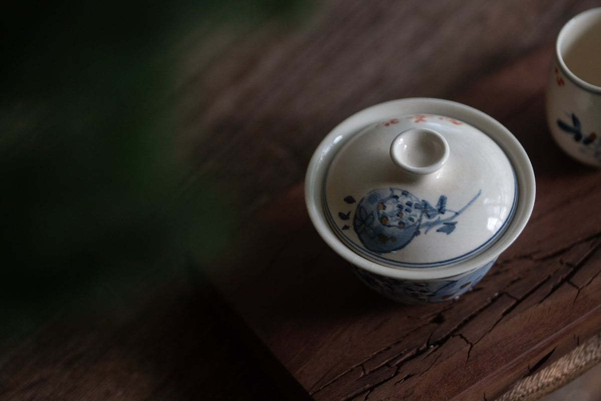 gilded qinghua gaiwan open pomegranate 5 25 3 | BITTERLEAF TEAS