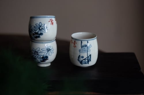 Gilded Qinghua Teacup - Bamboo, Flower, Tea